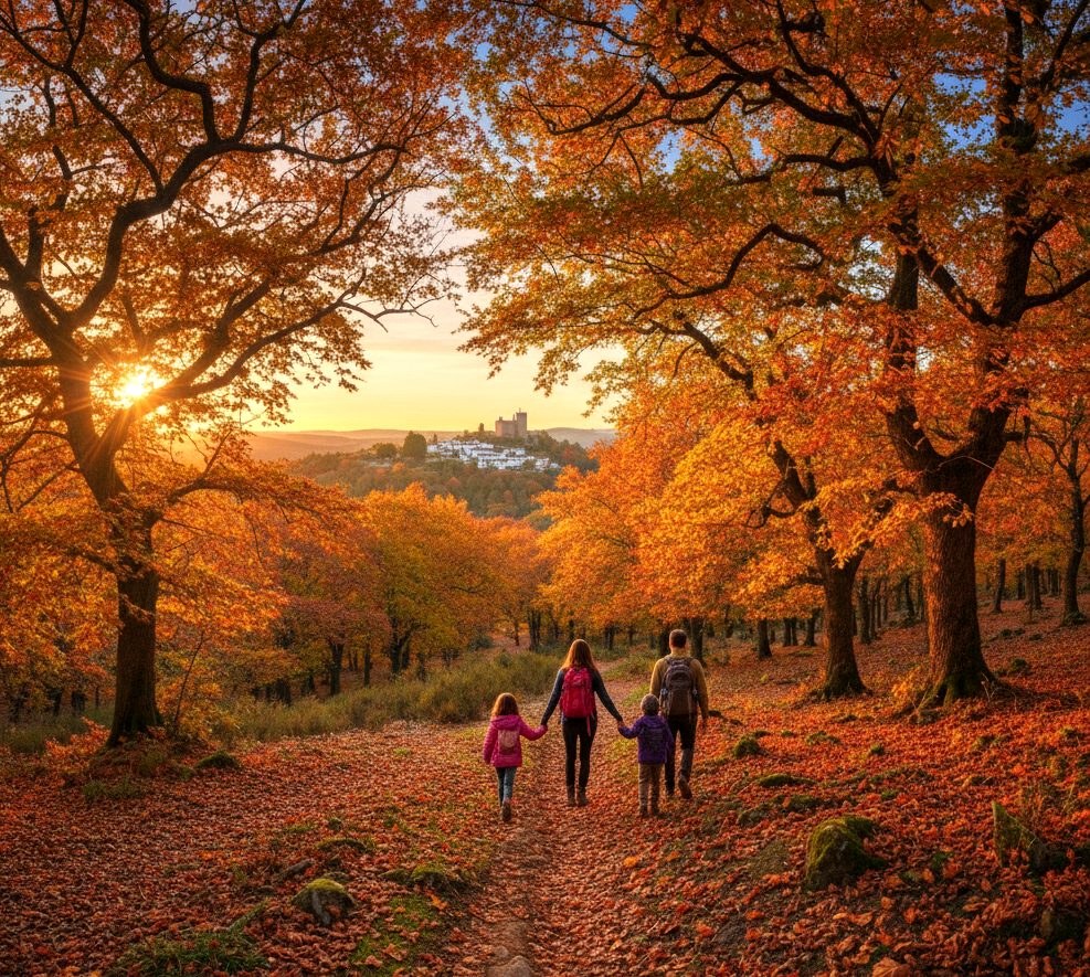 Familia caminando por un sendero de otoño en la Sierra de Aracena