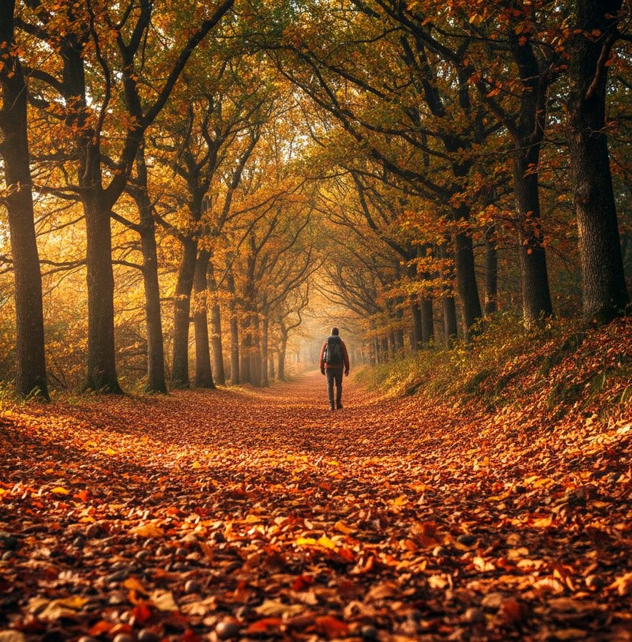 Senderista recorriendo un camino cubierto de hojas en otoño
