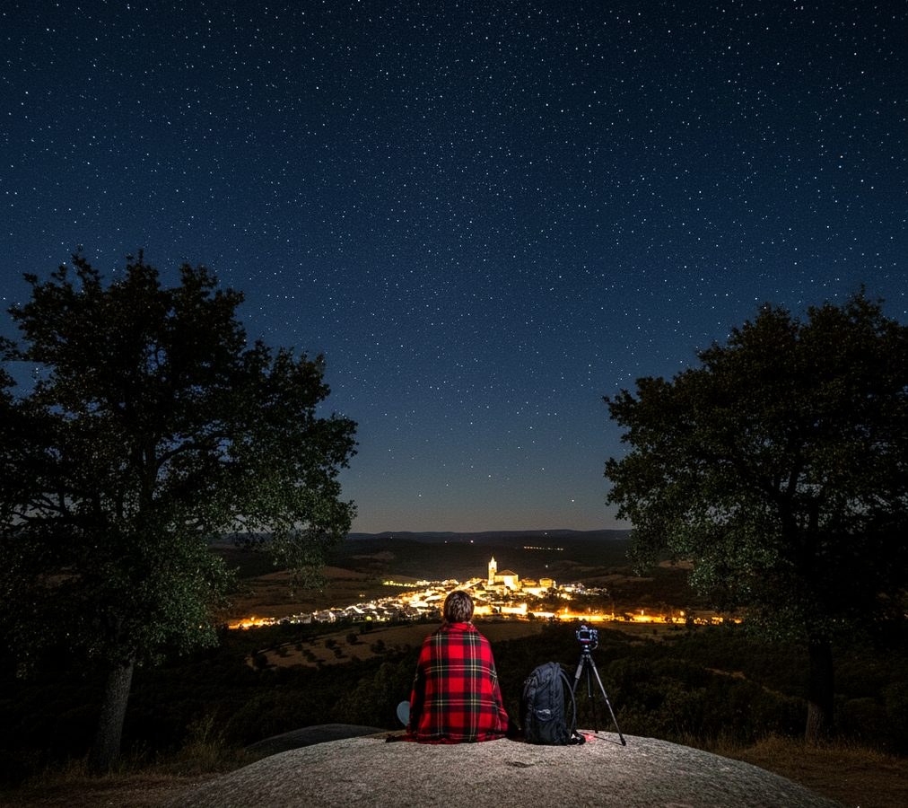 Vista nocturna de un municipio serrano bajo un cielo estrellado