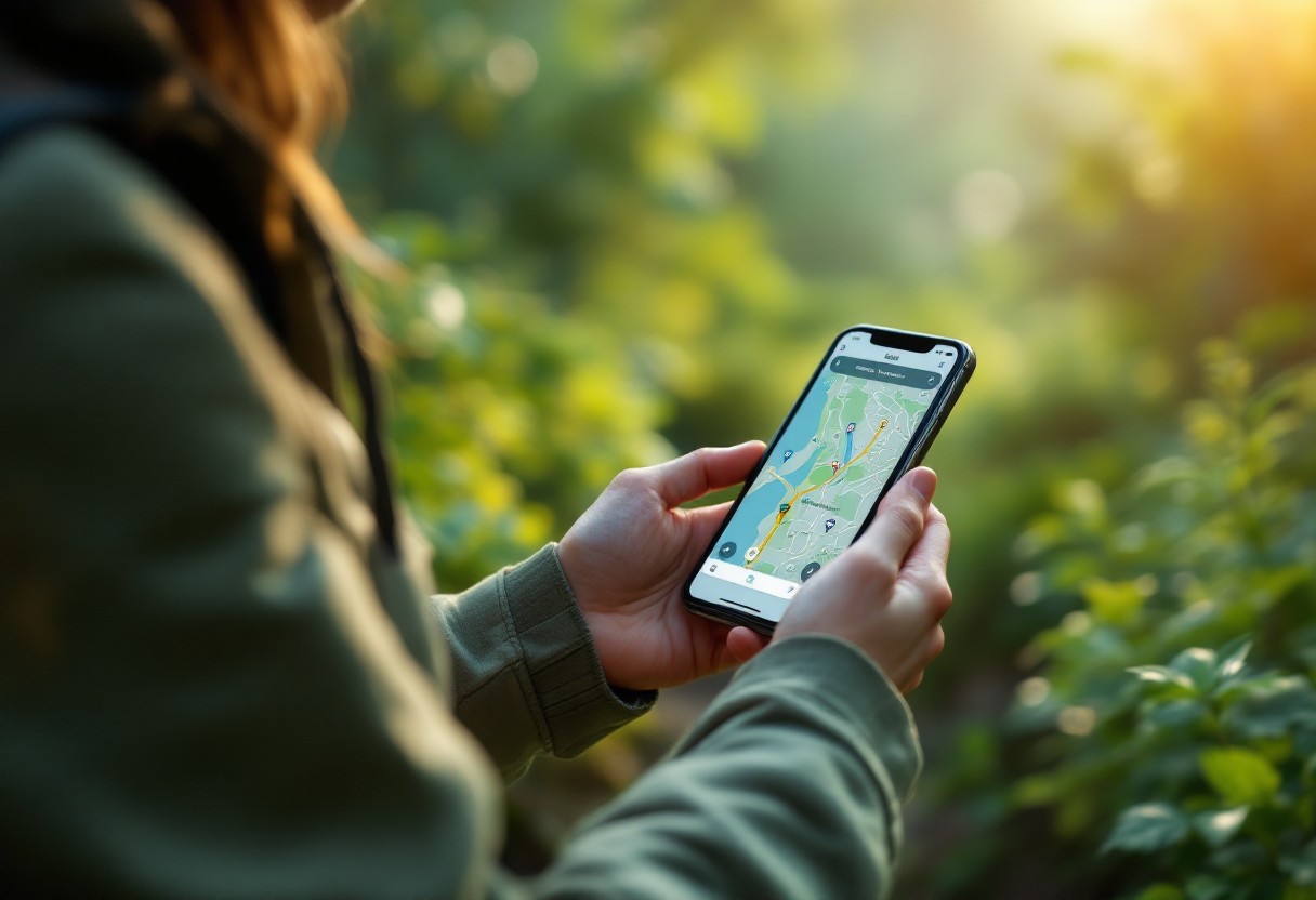 Móvil en la mano mostrando un mapa de sendero con recorrido y puntos destacados